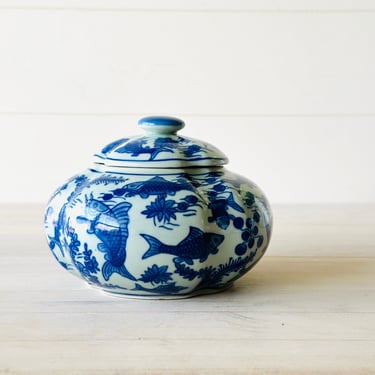 1960's Toyo Blue & Ivory Ginger Jar Koi Garden Design 