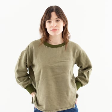 Vintage Two Tone French Faded Olive Green Crew Sweatshirt | Unisex Cozy Fleece | 70s Made in France | FS124 | L | 