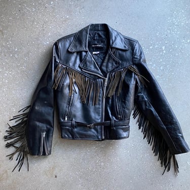 Vintage 1980s Black Leather Fringe Motorcycle Jacket / Vintage Black Leather Motorcycle Jacket / Vintage Womens Small Moto Jacket 