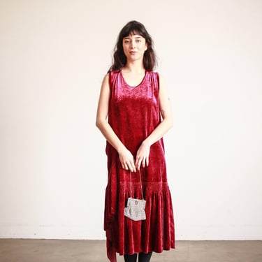 1920s Raspberry Silk Velvet Drop Waist Dress 