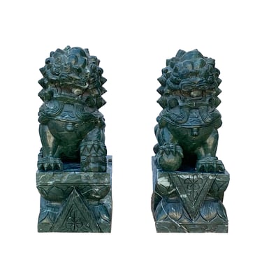 Pair Chinese Green Stone Fengshui Fortune Foo Dog Lion Display Figures ws1642E 