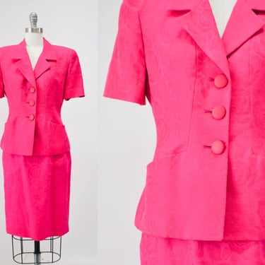 Vintage 80s 90s Bright Pink Fuchsia Suit Jacket Skirt Christian Dior XS Small // 90s Glam Pink Barbie Suit Linen Cotton Pink Suit Dior 