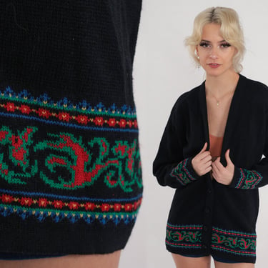 70s Pendleton Cardigan Black Wool Button up Knit Sweater Deep V Neck Abstract Floral Vine Print Boho Red Green Blue Vintage 1970s Small S 