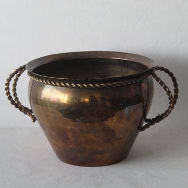 Vintage Extra Large Urn Style Brass Planters with Rope Handles Detail and Patina Mid Century 