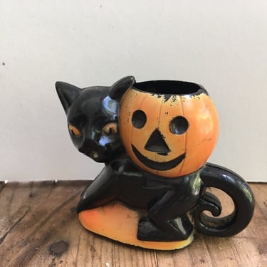 Vintage Rosbro Black Cat And JOL Candy Holder, Small Plastic Halloween Container, Vintage Halloween 