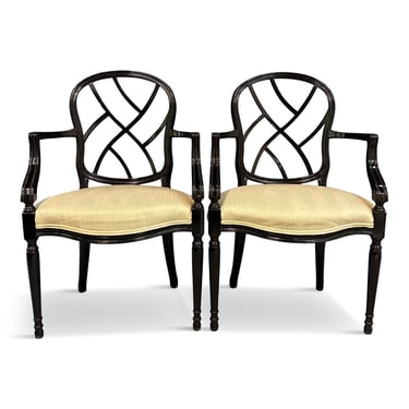 1980s Pair of Century Furniture Chinoiserie Black Lacquer Armchairs