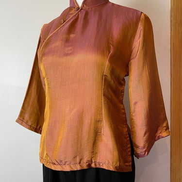 Beautiful all silk Cheongsam blouse~ cinnamon color crinkle blouse knotted frogs lovely size Small 