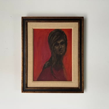 1970's Vintage Female Portrait Oil Painting, Framed 