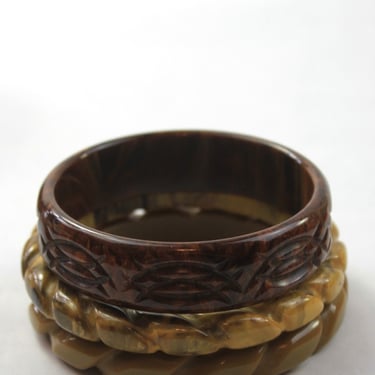 Bakelite Bangle Stack Set Avocado Spinach Brown Swirl Ropes and Carved 