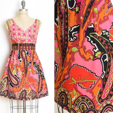 vintage 60s dress pink graphic psychedelic print mini babydoll sun dress S hippy clothing 