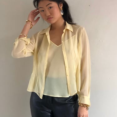 90s sheer silk camisole + blouse / vintage lemon yellow sheer silk chiffon pin tuck see through blouse + matching camisole | Medium 
