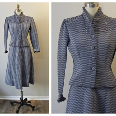Vintage 40s 1940s Fancy Navy silver striped Gabardine Wool Rhinestone Jacket Cinch Waist Dress Suit pinup  // Modern Size US 0 2 4 xs s 