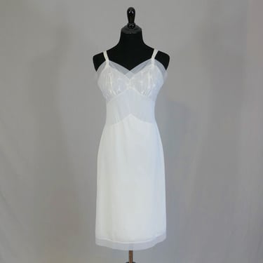 60s Off-White Full Dress Slip - Embroidered Flowers - Nylon Slip - Artemis - Vintage 1960s - Size 36 Short 