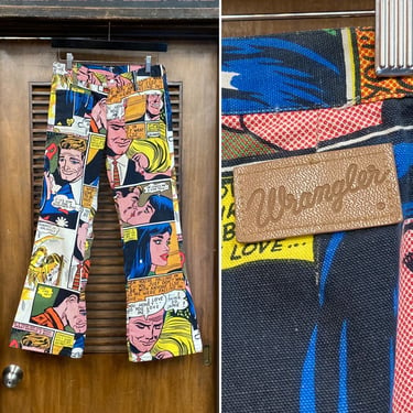 Vintage 1960’s w28 “Wrangler” Comic Book Cartoon Denim Flare Mod Glam Jeans, Roy Lichtenstein Style, 60’s Vintage Clothing 