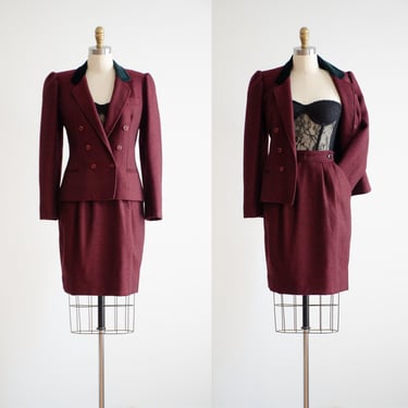 burgundy wool suit 70s 80s vintage Don Sayres black red tweed wool dark academia style skirt suit 