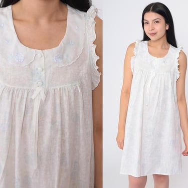 Vintage Floral Nightgown Ruffled Pajama Dress 90s Embroidered Peter Pan Collar Sleeveless Nightie Mini Boho White Button Up Pastel Small 