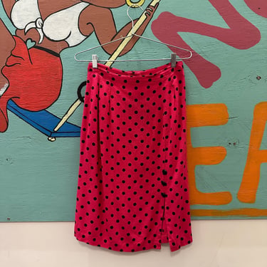 80s / 90s Pink and Black Polka Dot Pencil Skirt / Beads / Front Slit / Rayon / 28 Waist / Minnie / Barbie Pink / Executive / New Wave / M 
