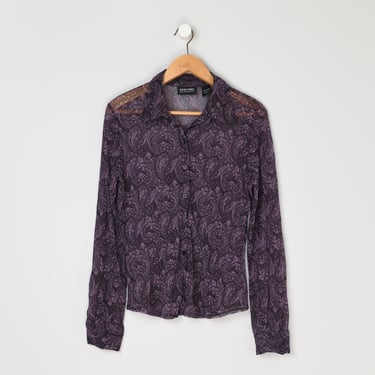 Vintage Y2k Dark Purple Paisley Semi-Sheer Button-up Top - 2000s clothing, patterned, collared shirt, blouse - Women's L 