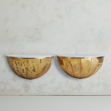 Italian Wall Mounted Demilune Brass Console with Carrara Marble Top