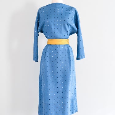 Beautiful 1950's Sky Blue Silk Polka Dot Dress by Kasper / S