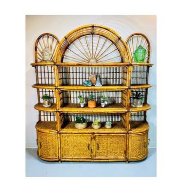Boho Triple Arch Bamboo and Rattan Etagere Room Divider, Tiki Bar Furniture, Vintage Bamboo Wall Unit, Mid Century Rattan and Cane Bookcase 