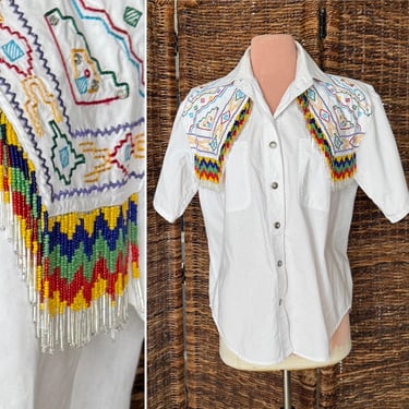 Bead Fringe Button Down Top, Southwest, Embroidered Tribal Pattern, Vintage Cotton Blouse, Dated 1992 