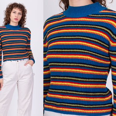 70s Striped Boucle Knit Sweater - Petite Medium | Vintage Fitted Stretchy Mockneck Pullover Jumper 