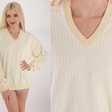 Cream Velour Sweater 70s 80s Ribbed Pullover Sweatshirt Ringer V-Neck Long Sleeve Shirt Retro Slouchy Plain Vintage 1970s Large xl 