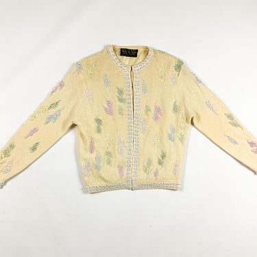 1950s Vic and Vic Creme Cardigan Pastel Beaded Feather Motif / Silk Lined / Fluffy / Iridescent Sequins / Snow Queen / White /  S / M 