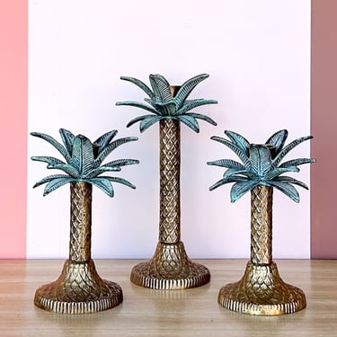 Trio of Brass Palm Tree Candlesticks