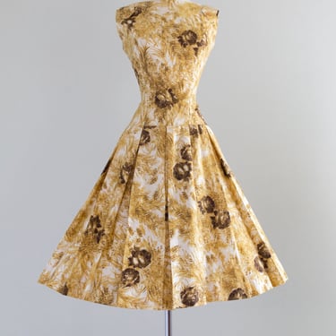 Beautiful 1950's Polished Cotton Golden Rose Print Dress / Small
