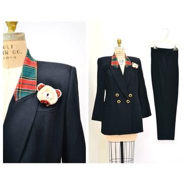 90s Vintage Heart and Teddy Bear Black Jacket Suit and Pants Red Christmas Plaid Vintage Black Jacket Medium Criscione Black Christmas Suit 