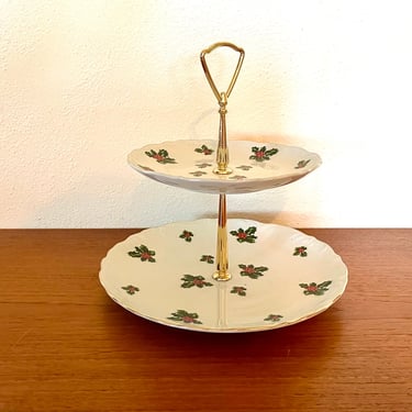 Vintage 1950s Lefton Two-Tier Christmas Tidbit Tray Vintage Holly Berry 