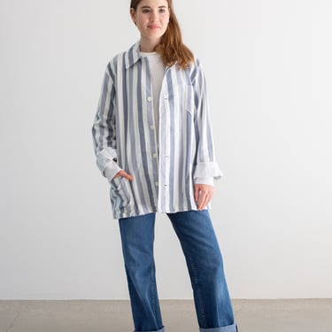 Vintage Grey White Striped Shirt Jacket | Unisex Flannel Stripe Cotton Pajama Chore shirt | L | SJ028 