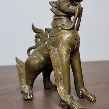 19th Century Burmese Jewel Inlaid Bronze Temple Guardian Chinthe Sculpture 