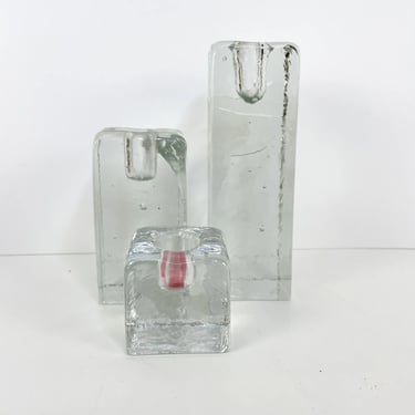 Iittala Arkipelago Clear Glass Square Block Candle Holders Set 3 Timo Sarpaneva