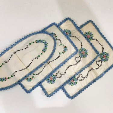 Vintage White Blue Embroidered Doily Set of 4 Doilies Embroidery Flowers Floral Handmade Flower Kitchen Table Dining Room Homemade Vanity 