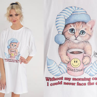 Cat T-Shirt Dress 90s Morning Coffee Kitten Pajamas Cartoon Tshirt Mini Nightie White Animal Kawaii Tee Vintage 1990s Small Medium Large 