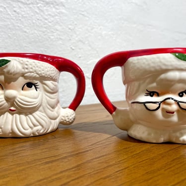 Vintage 1950s Cute + Kitschy Santa & Mrs Claus Pair of Mugs 