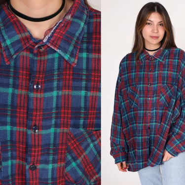 90s Flannel Shirt Red Blue Plaid Button up Shirt Grunge Lumberjack Long Sleeve Boyfriend Top Checkered Print Cotton Vintage 1990s 3xl xxxl 