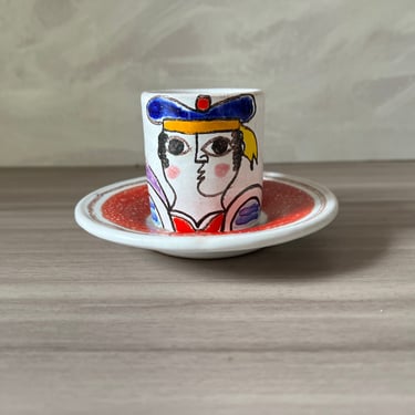 Vintage DeSimone Pottery Italy decorative Terracotta Expresso cup and Saucer, Vintage Italian Pottery, Picasso style, Majolica 