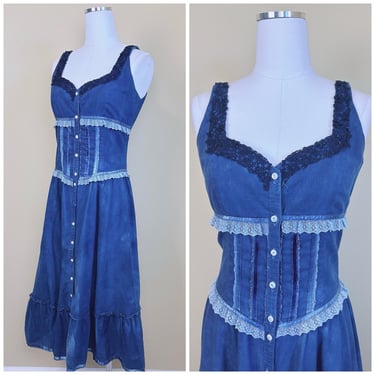 1970s Vintage Gunne Sax Blue Dyed Prairie Dress / 70s / Seventies Eyelet Bustier Altered Sundress / Size Medium 