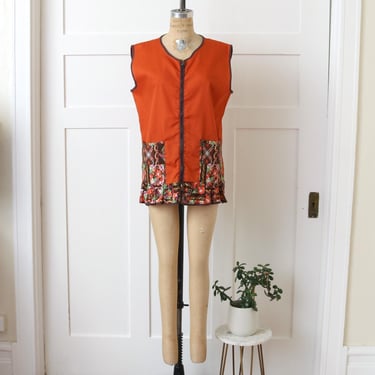 volup vintage 1970s smock top • orange & brown  patchwork floral ruffle zip front blouse 