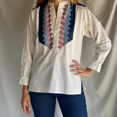 Vintage Quilt Blouse / Cotton Festival Blouse / Floral Calico Patchwork / Flower Child Shirt / Boho Shirt / Prairie Floral Blouse / V Neck 
