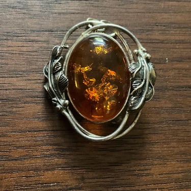 Silver and Amber pin pendant, Art Nouveau 