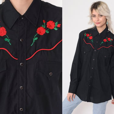 Western Rose Shirt EMBROIDERED 80s Pearl Snap Shirt Black Red Floral Cowboy Shirt Button Up 1980s Vintage Long Sleeve Ely Men's Medium 