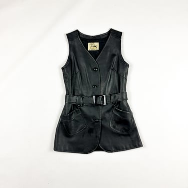 1970s Faux Black Leather Micro Mini Dress / Vest / Typhoon / Belted / Vinyl / Leather Look / Twiggy / Mod / 1960s / 60s / Go Go / Groovy / 