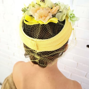 1950s Yellow Flower Hat | 50s Yellow Chiffon Ring Hat 