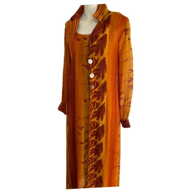 90's Vintage DRESS and DUSTER, orange sunset yellow dress matching coat, lightweight Maxi DRESS, resort wear, long flowy cruise dress small 