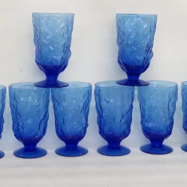 Anchor Hocking Cobalt Blue Lido Milano Set of 8 Footed Crinkle Goblet Cups 3067B